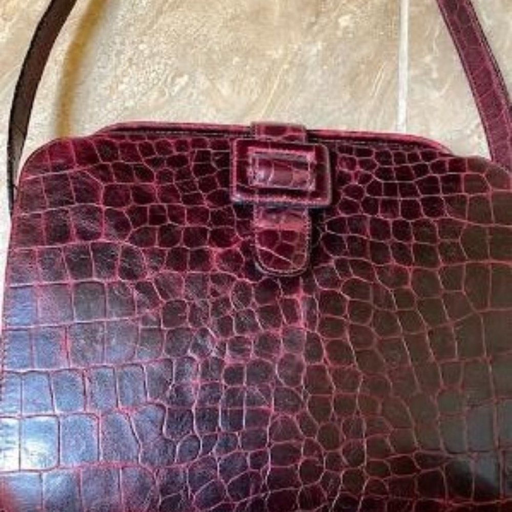 Auth. Made in Italy FURLA Crocodile Embossed Leather Bag Maroon Color